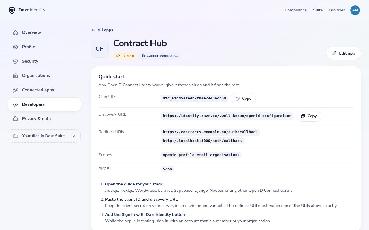 Un’app nella console sviluppatori di Dazr Identity: client ID, URL di discovery, URI di reindirizzamento, scope e i passaggi per collegarla