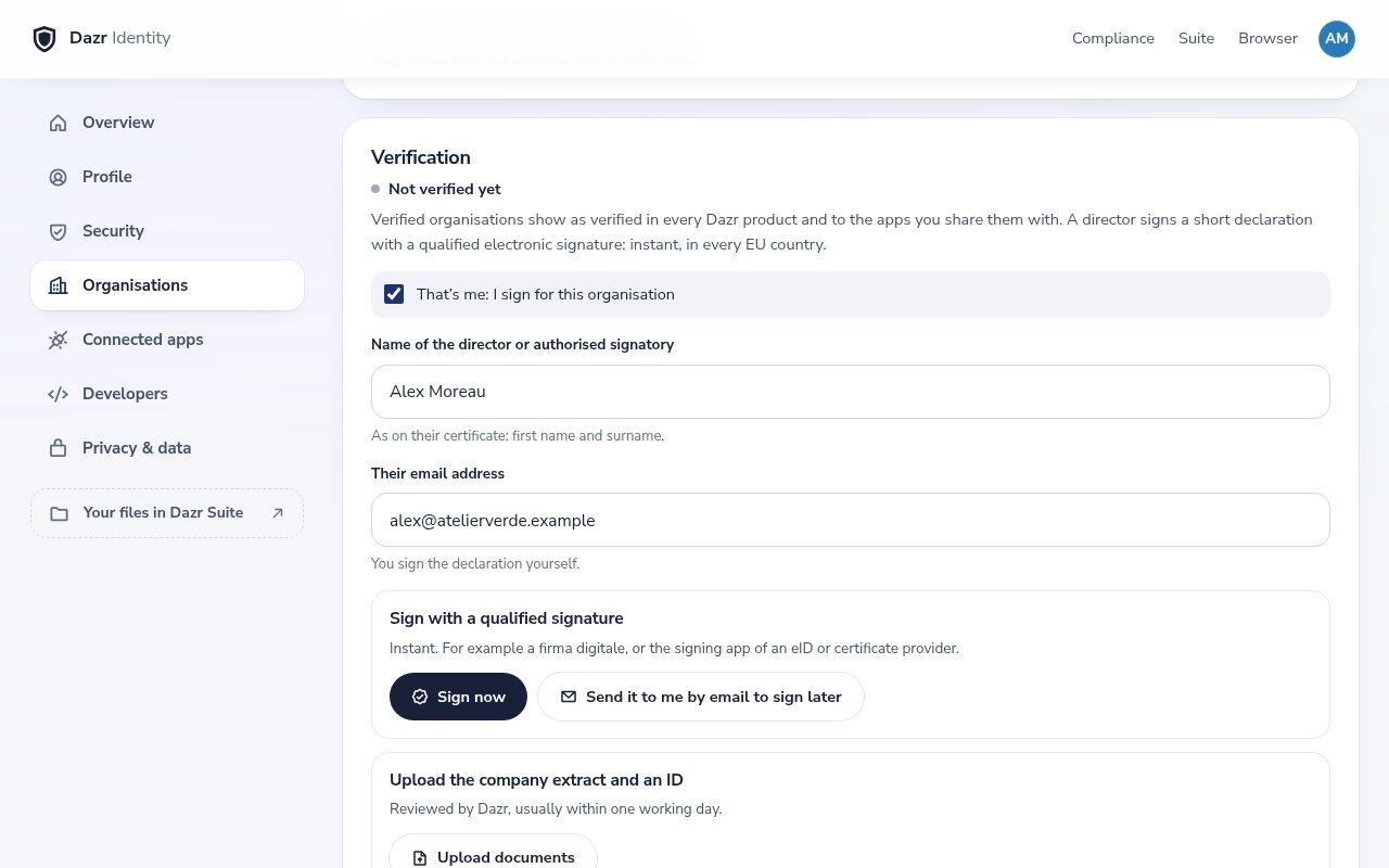 Verificar uma organização no Dazr Identity: o administrador assina a declaração com uma assinatura qualificada já ou mais tarde por e-mail, ou carrega a certidão da empresa e um documento de identificação